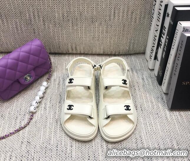 Low Price Chanel Leather Strap Flat Sandals with Black CC Charm G35927 White 2021