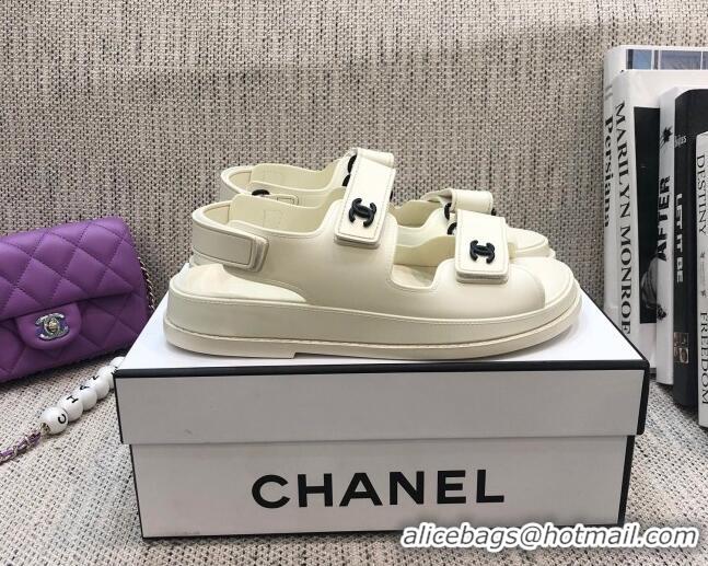 Low Price Chanel Leather Strap Flat Sandals with Black CC Charm G35927 White 2021