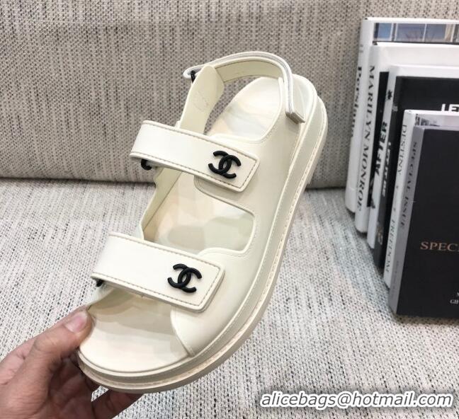 Low Price Chanel Leather Strap Flat Sandals with Black CC Charm G35927 White 2021