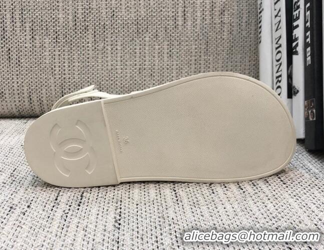 Low Price Chanel Leather Strap Flat Sandals with Black CC Charm G35927 White 2021