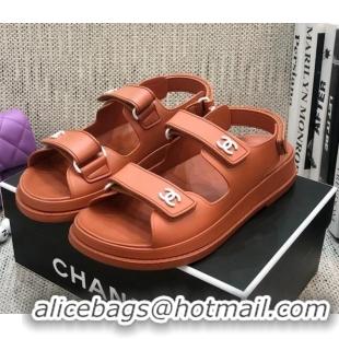 Popular Chanel Leather Strap Flat Sandals with White CC Charm G35927 Brown 2021