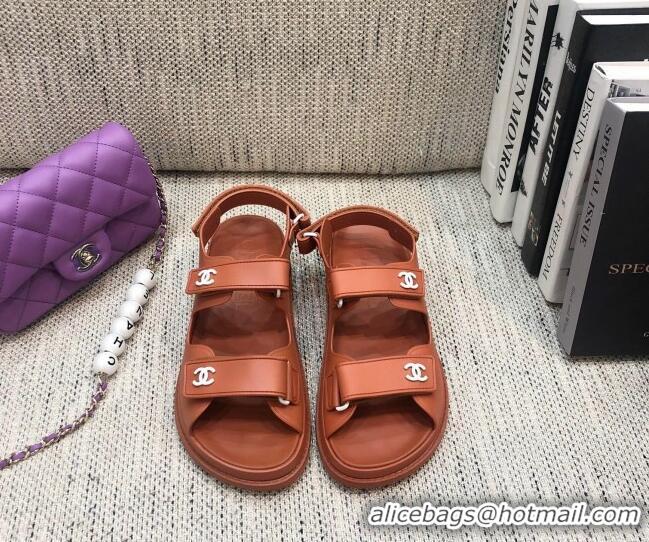 Popular Chanel Leather Strap Flat Sandals with White CC Charm G35927 Brown 2021