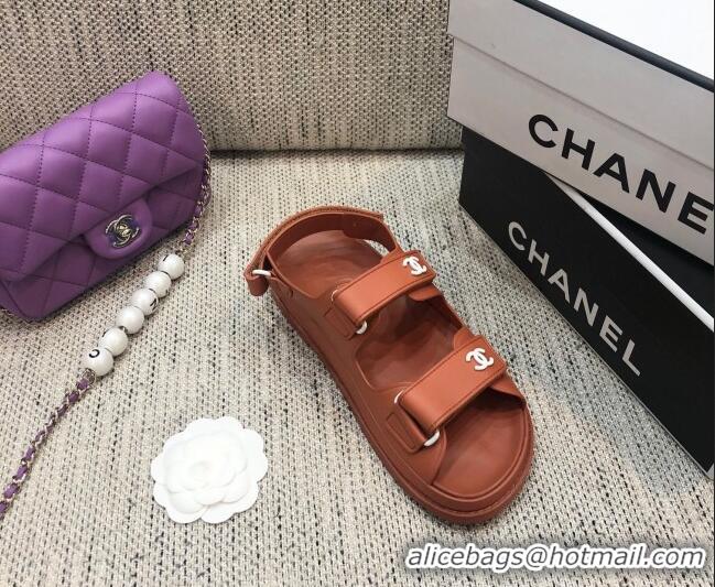 Popular Chanel Leather Strap Flat Sandals with White CC Charm G35927 Brown 2021