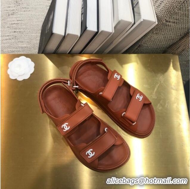 Popular Chanel Leather Strap Flat Sandals with White CC Charm G35927 Brown 2021