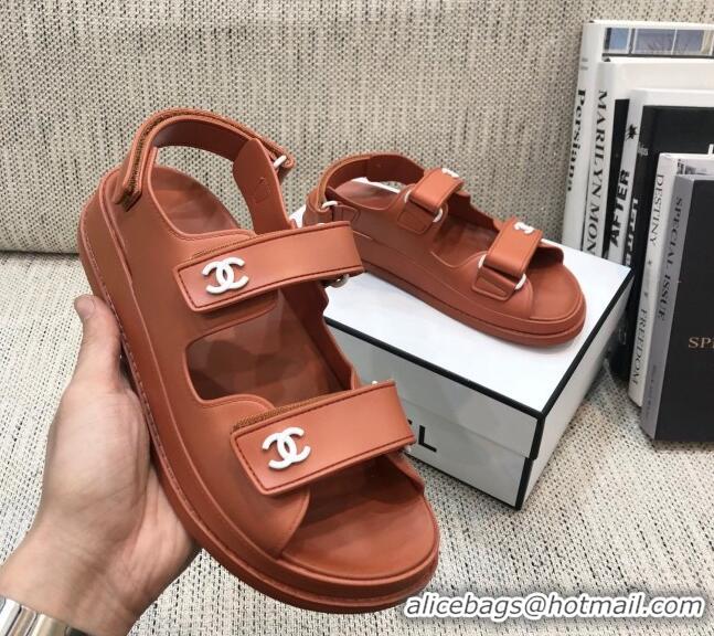 Popular Chanel Leather Strap Flat Sandals with White CC Charm G35927 Brown 2021