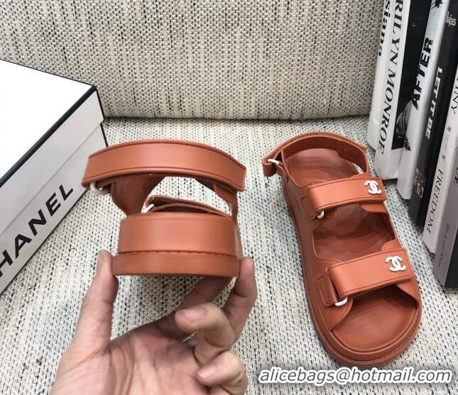 Popular Chanel Leather Strap Flat Sandals with White CC Charm G35927 Brown 2021