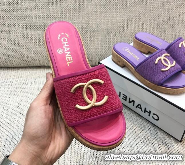 Luxury Chanel Metal CC Tweed Slide Sandals G34826 Dark Pink 2021