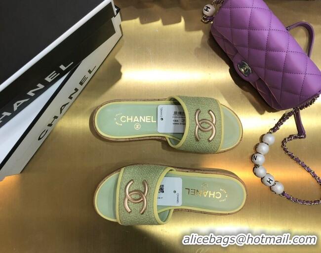 Grade Quality Chanel Metal CC Tweed Slide Sandals G34826 Green 2021