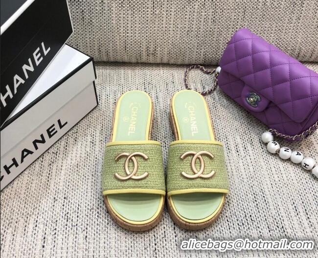 Grade Quality Chanel Metal CC Tweed Slide Sandals G34826 Green 2021