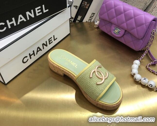 Grade Quality Chanel Metal CC Tweed Slide Sandals G34826 Green 2021