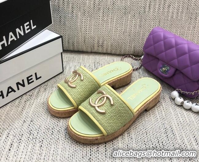 Grade Quality Chanel Metal CC Tweed Slide Sandals G34826 Green 2021