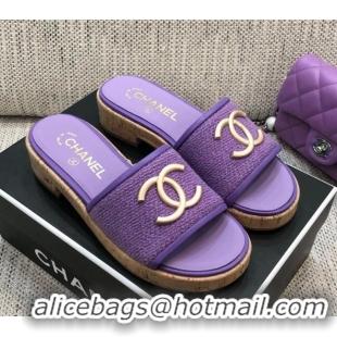 Top Grade Chanel Metal CC Tweed Slide Sandals G34826 Purple 2021