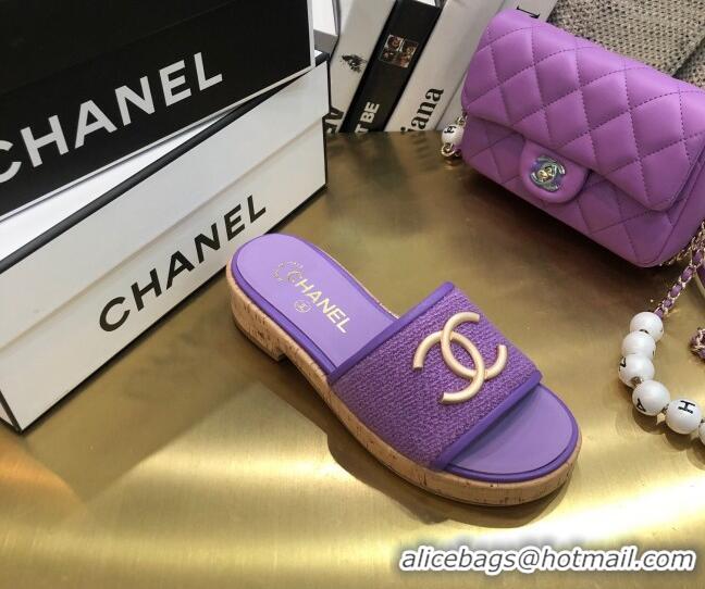 Top Grade Chanel Metal CC Tweed Slide Sandals G34826 Purple 2021