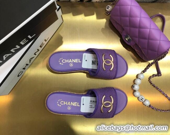 Top Grade Chanel Metal CC Tweed Slide Sandals G34826 Purple 2021