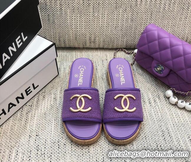 Top Grade Chanel Metal CC Tweed Slide Sandals G34826 Purple 2021