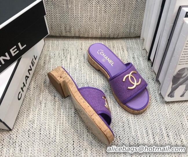 Top Grade Chanel Metal CC Tweed Slide Sandals G34826 Purple 2021