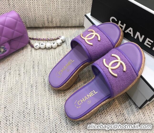 Top Grade Chanel Metal CC Tweed Slide Sandals G34826 Purple 2021