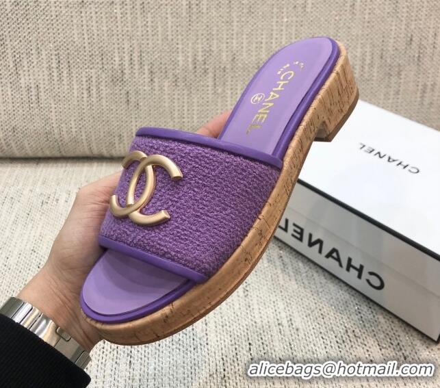 Top Grade Chanel Metal CC Tweed Slide Sandals G34826 Purple 2021