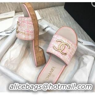 Good Quality Chanel Metal CC Tweed Slide Sandals G34826 Light Pink 2021