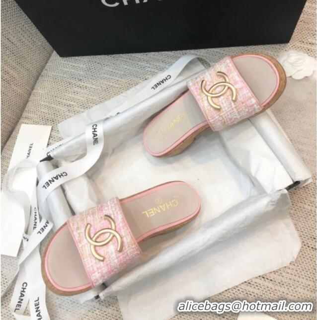 Good Quality Chanel Metal CC Tweed Slide Sandals G34826 Light Pink 2021