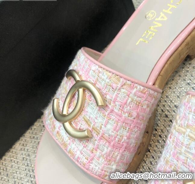 Good Quality Chanel Metal CC Tweed Slide Sandals G34826 Light Pink 2021