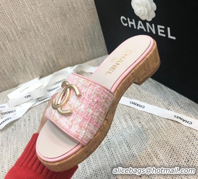 Good Quality Chanel Metal CC Tweed Slide Sandals G34826 Light Pink 2021