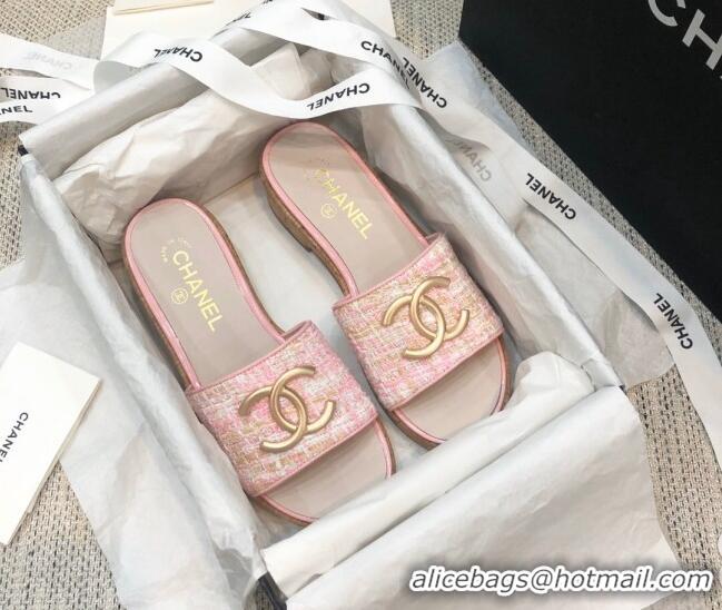 Good Quality Chanel Metal CC Tweed Slide Sandals G34826 Light Pink 2021