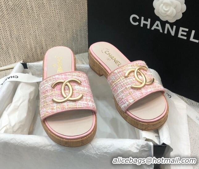 Good Quality Chanel Metal CC Tweed Slide Sandals G34826 Light Pink 2021