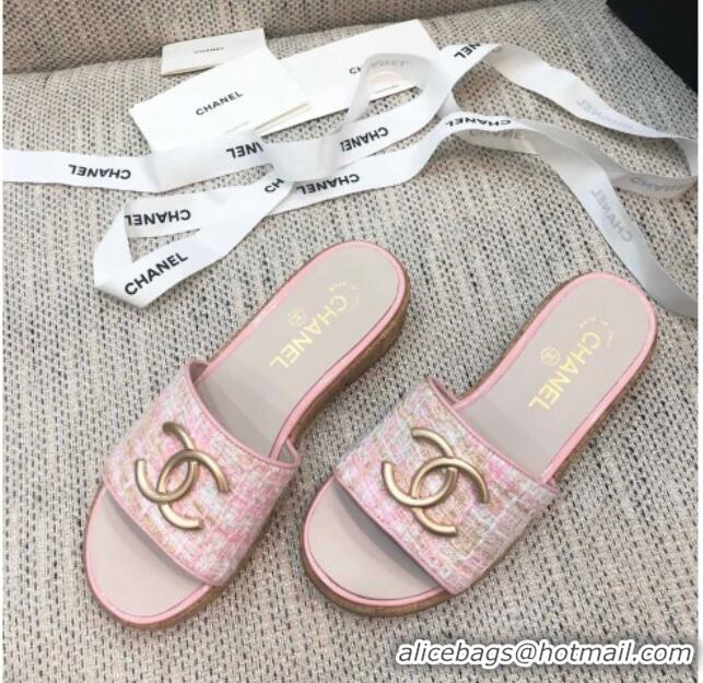 Good Quality Chanel Metal CC Tweed Slide Sandals G34826 Light Pink 2021