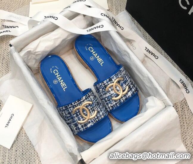 Perfect Chanel Metal CC Tweed Slide Sandals G34826 Royal Blue 2021