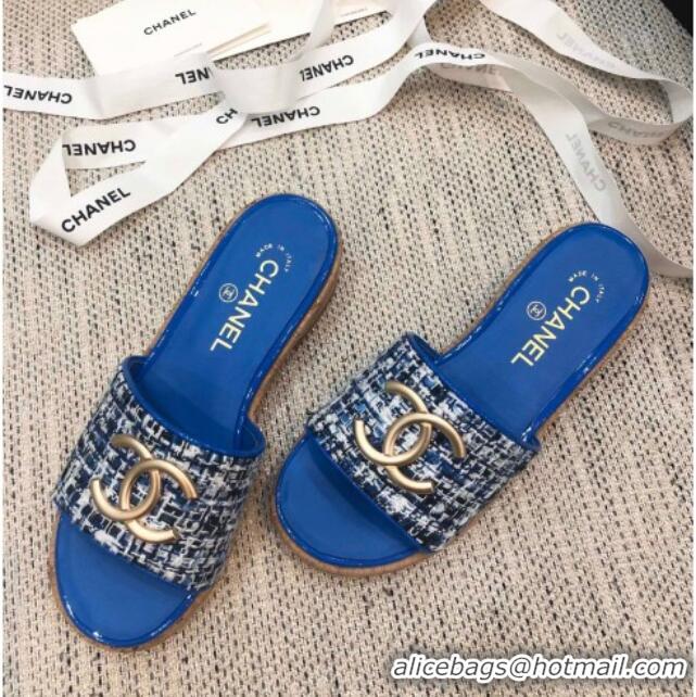 Perfect Chanel Metal CC Tweed Slide Sandals G34826 Royal Blue 2021