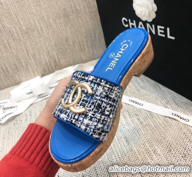 Perfect Chanel Metal CC Tweed Slide Sandals G34826 Royal Blue 2021