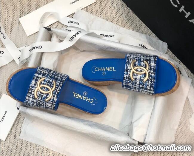 Perfect Chanel Metal CC Tweed Slide Sandals G34826 Royal Blue 2021