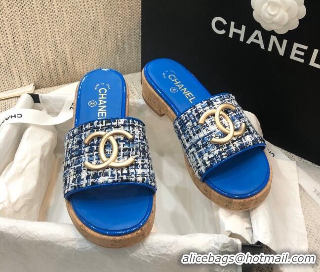 Perfect Chanel Metal CC Tweed Slide Sandals G34826 Royal Blue 2021