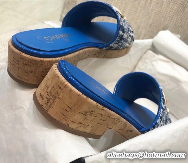 Perfect Chanel Metal CC Tweed Slide Sandals G34826 Royal Blue 2021