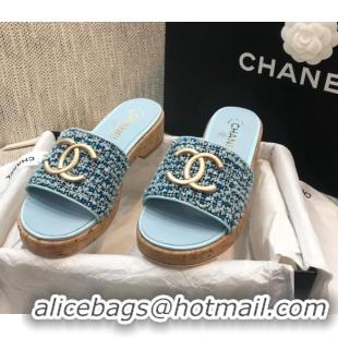 Best Product Chanel Metal CC Tweed Slide Sandals G34826 Light Blue 2021