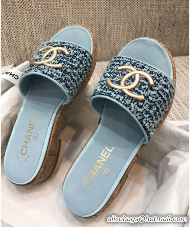 Best Product Chanel Metal CC Tweed Slide Sandals G34826 Light Blue 2021