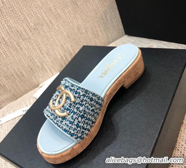 Best Product Chanel Metal CC Tweed Slide Sandals G34826 Light Blue 2021