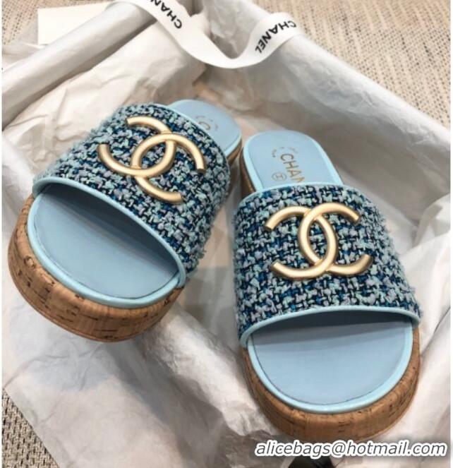 Best Product Chanel Metal CC Tweed Slide Sandals G34826 Light Blue 2021