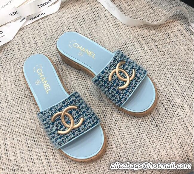 Best Product Chanel Metal CC Tweed Slide Sandals G34826 Light Blue 2021