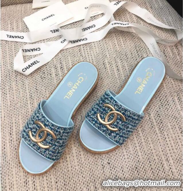 Best Product Chanel Metal CC Tweed Slide Sandals G34826 Light Blue 2021