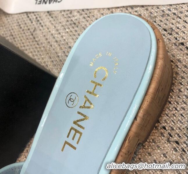 Best Product Chanel Metal CC Tweed Slide Sandals G34826 Light Blue 2021