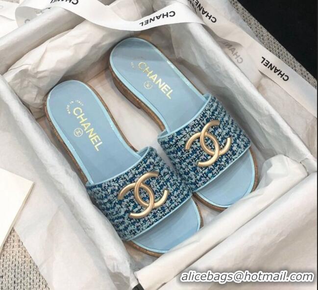 Best Product Chanel Metal CC Tweed Slide Sandals G34826 Light Blue 2021