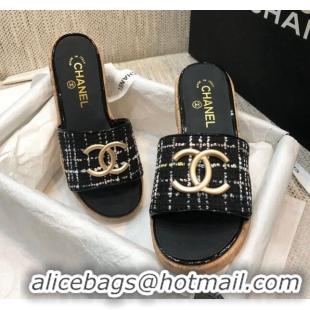 Low Price Chanel Metal CC Tweed Slide Sandals G34826 Black 2021