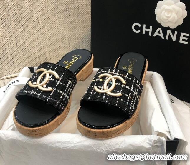 Low Price Chanel Metal CC Tweed Slide Sandals G34826 Black 2021