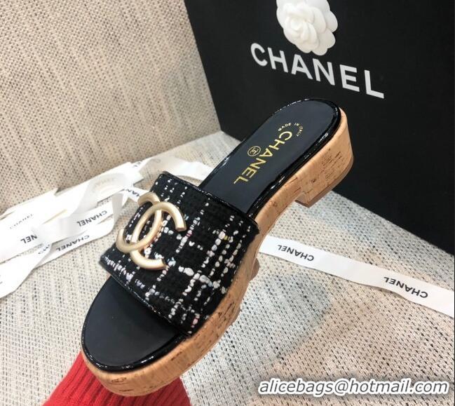 Low Price Chanel Metal CC Tweed Slide Sandals G34826 Black 2021