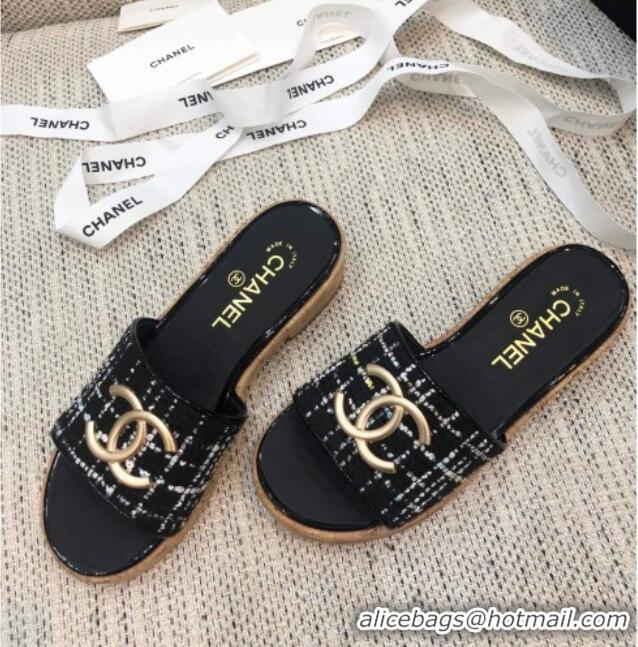 Low Price Chanel Metal CC Tweed Slide Sandals G34826 Black 2021