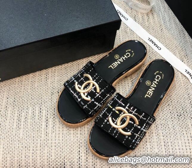 Low Price Chanel Metal CC Tweed Slide Sandals G34826 Black 2021