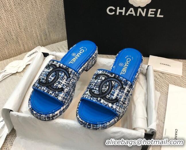  Grade Quality Chanel Embroidered CC Tweed Slide Sandals G34826 Royal Blue 2021