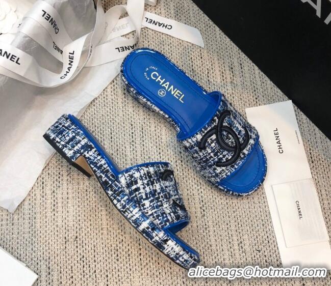  Grade Quality Chanel Embroidered CC Tweed Slide Sandals G34826 Royal Blue 2021